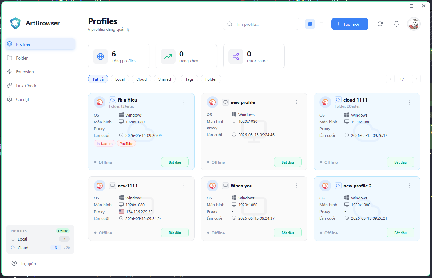 ARTBrowser Profiles view: per-profile OS (Windows), 1920x1080, proxy, and social tags; cloud sync 3/20