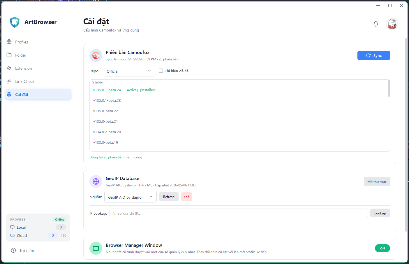ARTBrowser Settings: Camoufox engine v135.0.1-beta.24 (Official repo) and GeoIP AIO by daijro