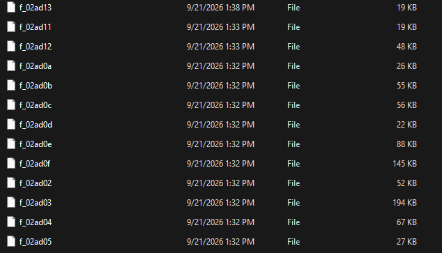 Figure 4: Brave's Cache_Data directory. Cached resources have random hex filenames with no extension, allowing the payload to hide among legitimate cache entries.