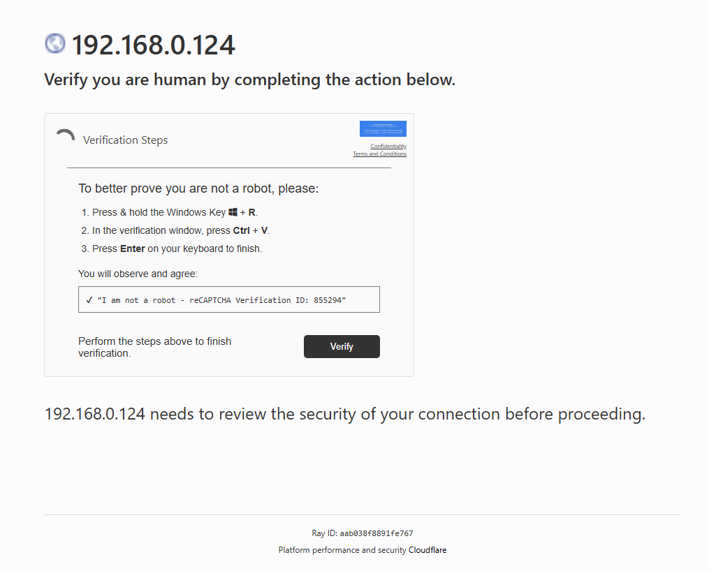 Figure 3: The ClickFix lure as the victim sees it. After the checkbox is clicked, the stager command is copied to the clipboard and the page presents Win+R paste instructions.