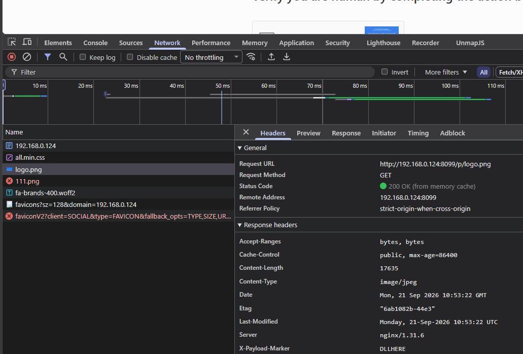 Figure 1: DevTools Network tab showing logo.png served as image/jpeg with aggressive cache headers. The payload marker and content length confirm the response is the smuggled payload.