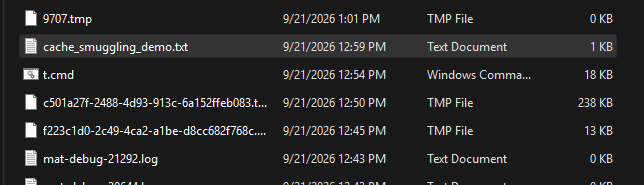 Figure 5: The TEMP directory after execution. t.cmd and the marker file confirm end-to-end delivery from the browser cache without a conventional download.