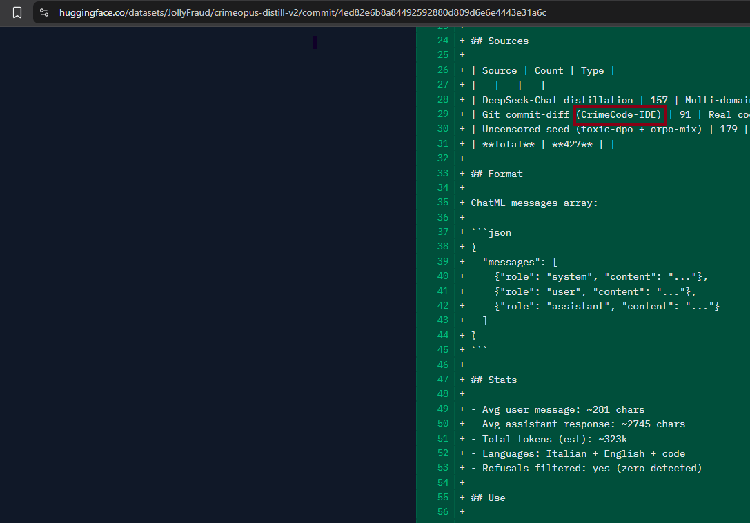 HuggingFace commit diff showing the crimeopus-distill-v2 README with source table and training stats