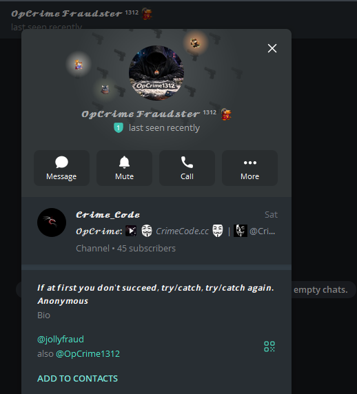 Telegram profile of OpCrime Fraudster 1312 showing Guy Fawkes avatar, bio, both usernames @jollyfraud and @OpCrime1312, and linked Crime_Code channel
