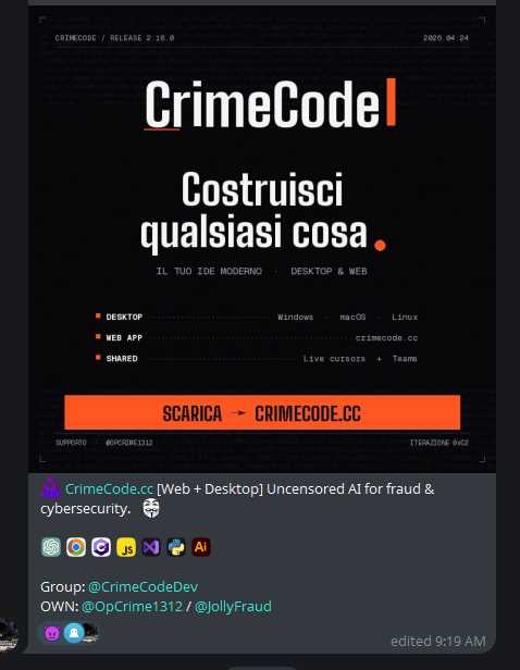 Telegram post showing CrimeCode release 2.18.0 announcement with OWN: @OpCrime1312 / @JollyFraud attribution