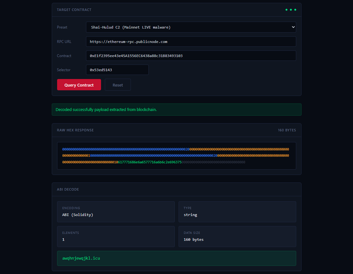 Figure 3: Live query of the Shai-Hulud C2 resolver on Ethereum mainnet. The decoded string is awqhnjewqjkl[.]icu.
