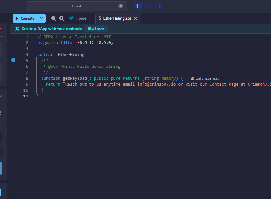 Figure 1: EtherHiding.sol open in Remix IDE, the Crimson7 proof-of-concept contract before deployment to Sepolia. Our deployed version returns a benign contact string rather than a live C2 domain.