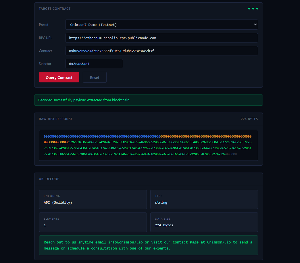 Figure 2: The Crimson7 proof-of-concept contract on Sepolia, queried through the demo page. The raw hex response is ABI decoded back into the stored string.