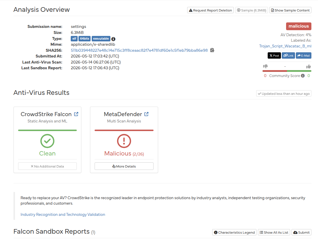Sample B Hybrid Analysis overview - CrowdStrike Clean, MetaDefender 2/26