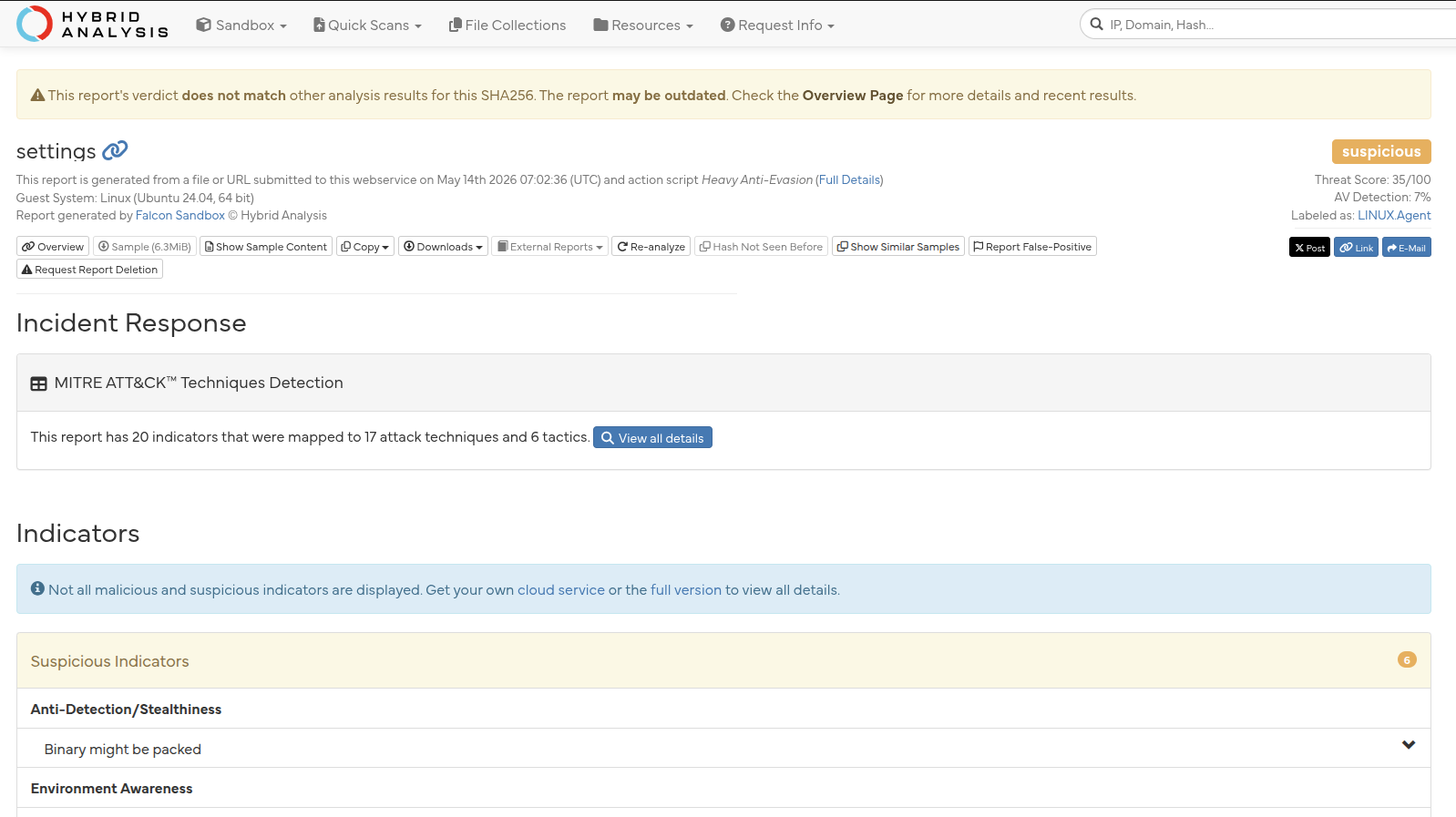 Sample B Hybrid Analysis - Falcon Sandbox Heavy Anti-Evasion, verdict Suspicious
