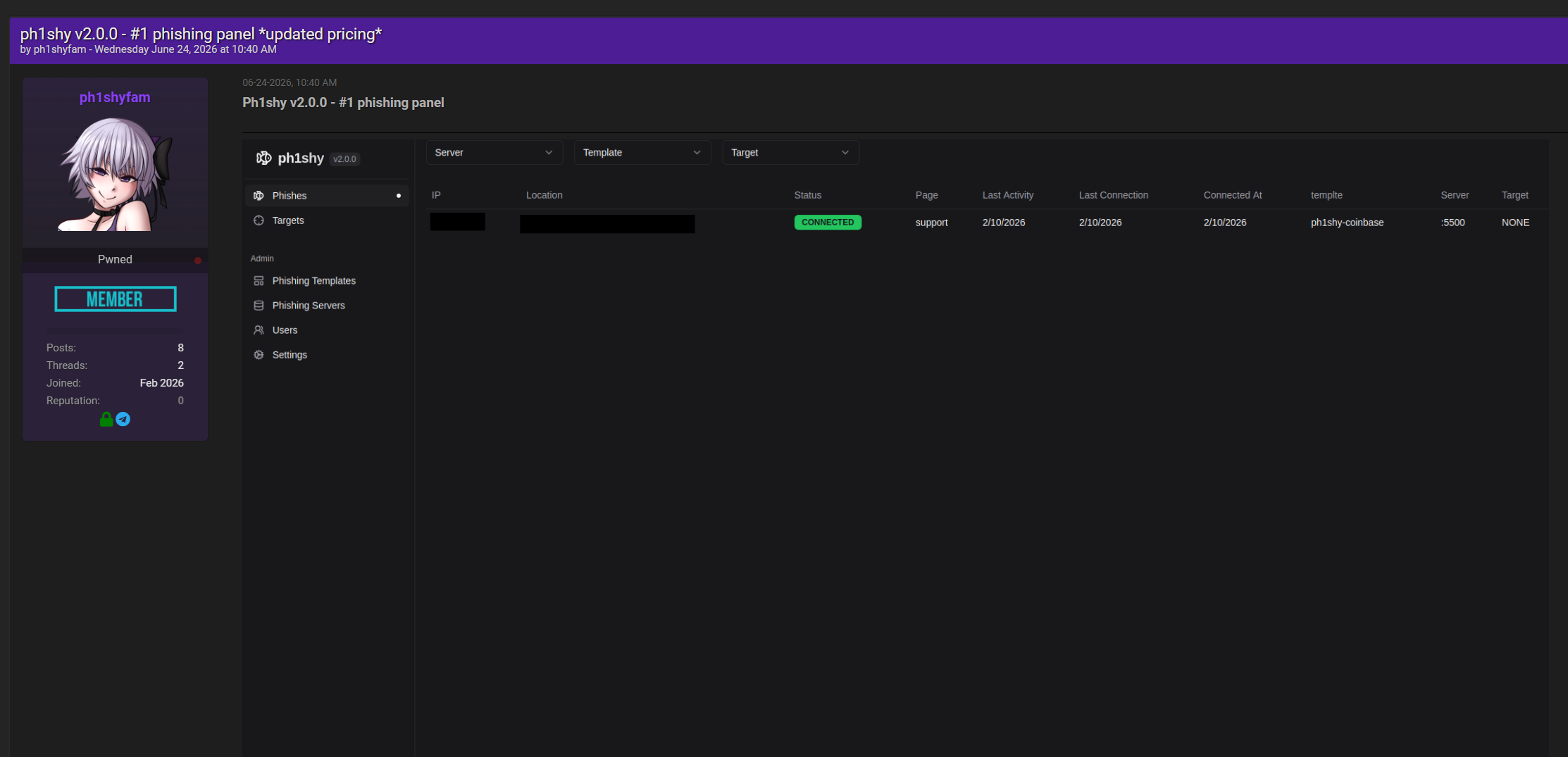 Figure 1: The BreachForums advertisement by ph1shyfam (joined February 2026, 8 posts, 0 reputation). The post includes an embedded screenshot of the Ph1shy dashboard showing an active phishing session using the Coinbase template. Note the "MEMBER" badge and the Telegram/Tox contact information.