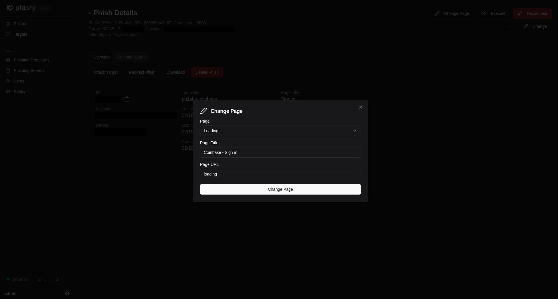 Figure 4: The "Change Page" dialog. The operator can select a new page from a dropdown (currently showing "Loading"), set the Page Title ("Coinbase - Sign in"), and the Page URL slug ("loading"). This enables real-time page switching during an active phishing session, allowing operators to walk victims through multi-step social engineering flows: login page -> loading spinner -> MFA prompt -> "support" page.