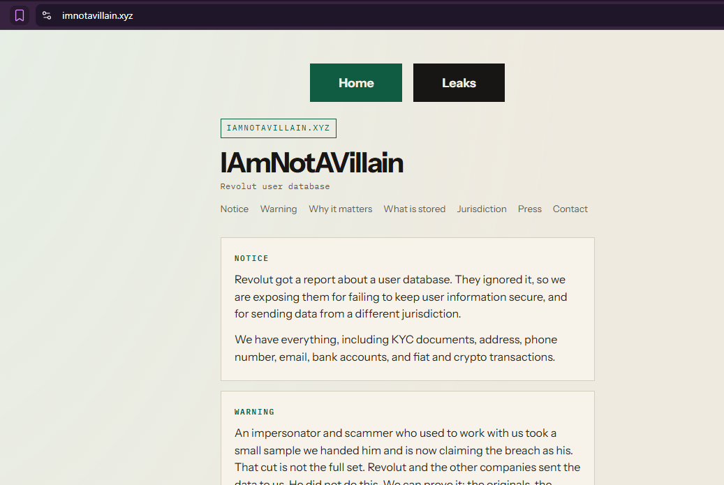 Figure 2: Backup domain imnotavillain.xyz serving the same content. Notice and Warning sections visible.