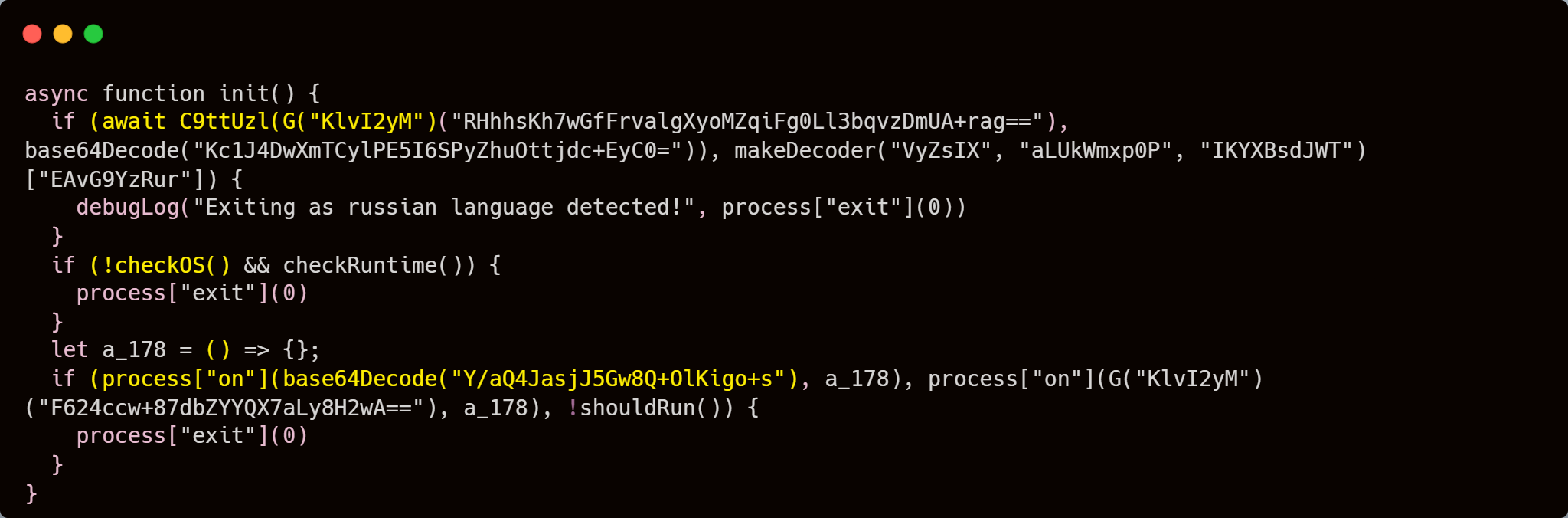 Figure 2: The init() function. Three gates: Russian locale kill switch (comma operator trick), CI/CD detection with process backgrounding, and PID lock file with SIGINT trapping.
