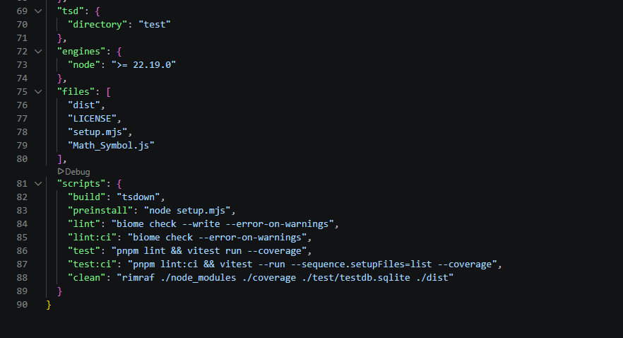 Figure 1: Trojanized package.json. The files array bundles setup.mjs and Math_Symbol.js alongside legitimate dist/ and LICENSE. The preinstall hook (line 83) runs node setup.mjs automatically on npm install.